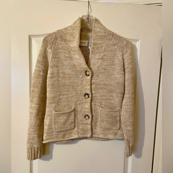 Liz Claiborne Oatmeal Beige Cardigan Size S Petite Buttons Pockets Mock Neck - Picture 1 of 8